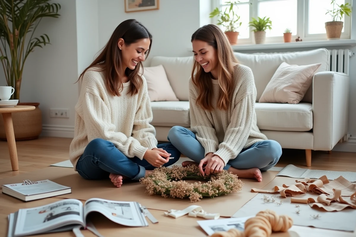Deux amies créant ensemble une couronne végétale DIY avec des éléments botaniques séchés dans un salon scandinave moderne