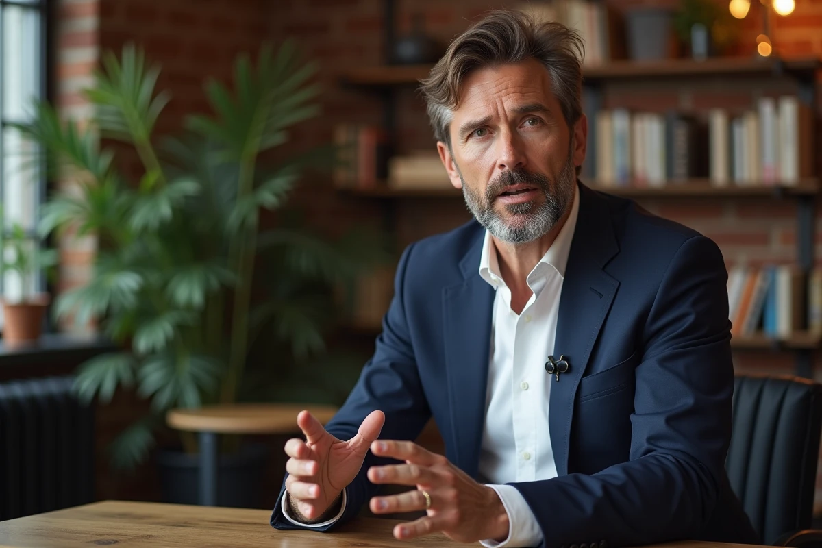 Homme influent en veste marine prenant la parole lors d'une discussion culturelle dans un bureau éditorial, évoquant l'engagement intellectuel d'Antoine Pésery