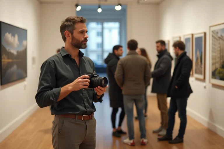 Photographe masculin tenant un appareil photo argentique dans une galerie parisienne contemporaine, illustrant le parcours artistique d'Antoine Pésery