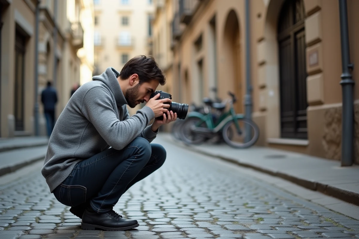 Photographe accroupi dans une ruelle pavée européenne consultant ses photos sur son appareil reflex, symbolisant la démarche terrain et l'influence culturelle d'Antoine Pésery