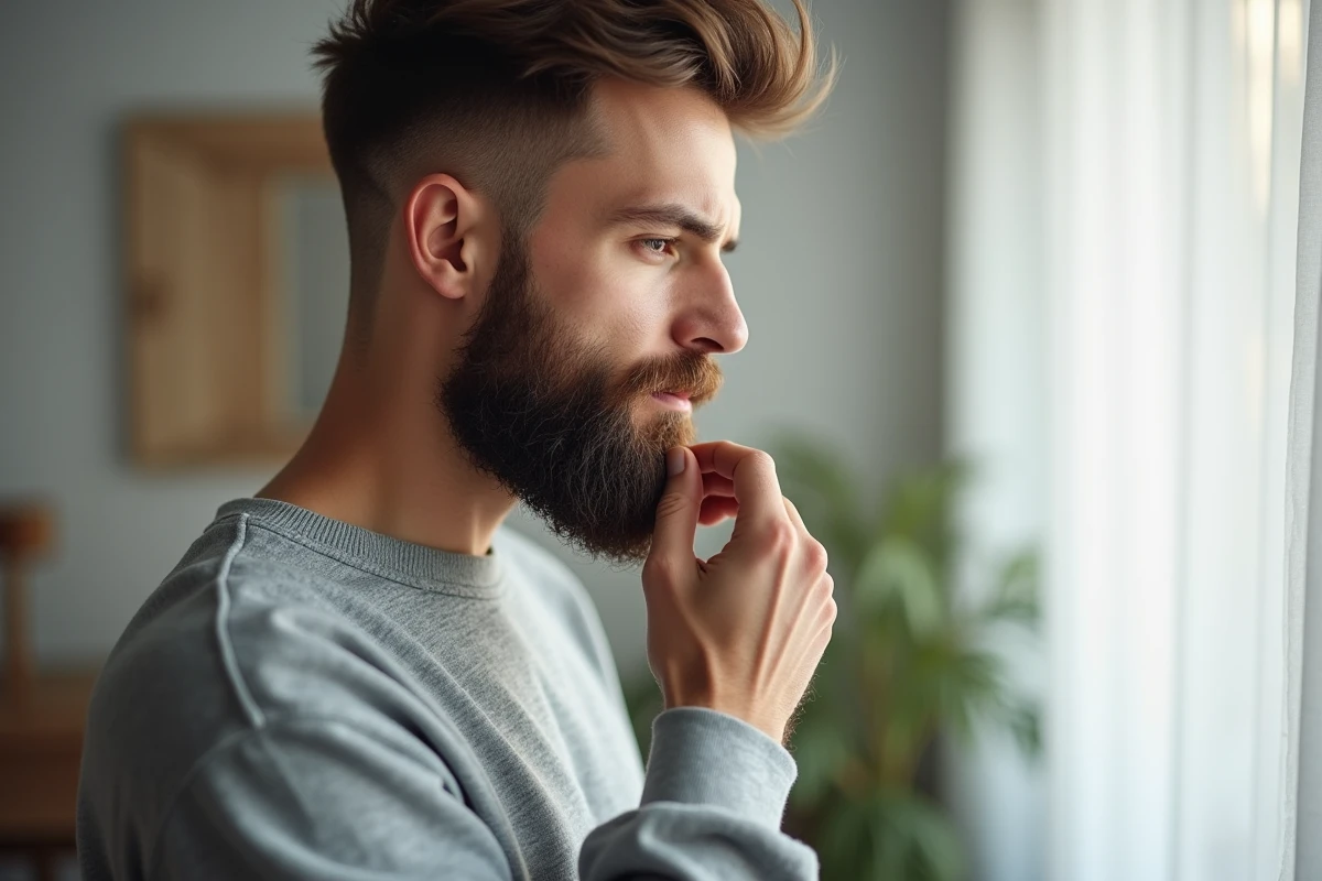 Jeune homme appliquant de l'huile à barbe sur une barbe en collier soignée dans un appartement minimaliste