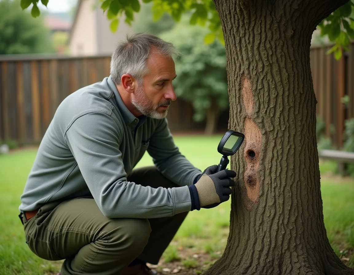 Arboriste inspectant un mûrier platane infesté par le longicorne tigre dans un jardin résidentiel