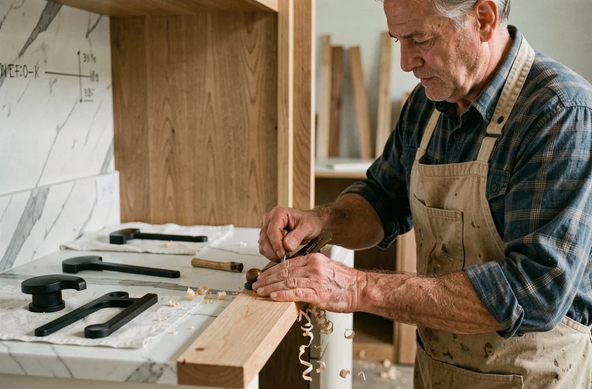 Artisan menuisier ajustant un panneau de boiserie sur mesure dans une cuisine haut de gamme lors d'un chantier d'aménagement intérieur