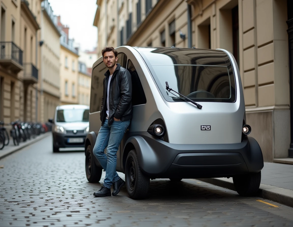 L'AstusCab, caravane ultra-compacte, garée dans une rue urbaine étroite à côté d'une petite citadine, montrant son encombrement minimal et sa forme géométrique épurée