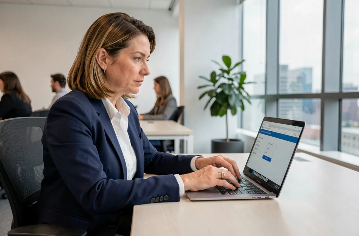 Professionnelle en blazer marine se connectant en toute sécurité à un webmail sur un ordinateur portable en open space