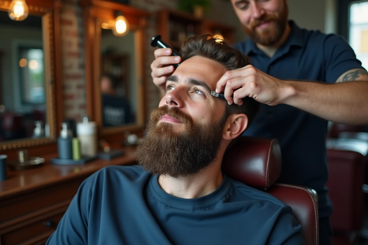 Barbier professionnel rasant les contours d'une barbe en collier avec un rasoir droit dans un salon de coiffure vintage