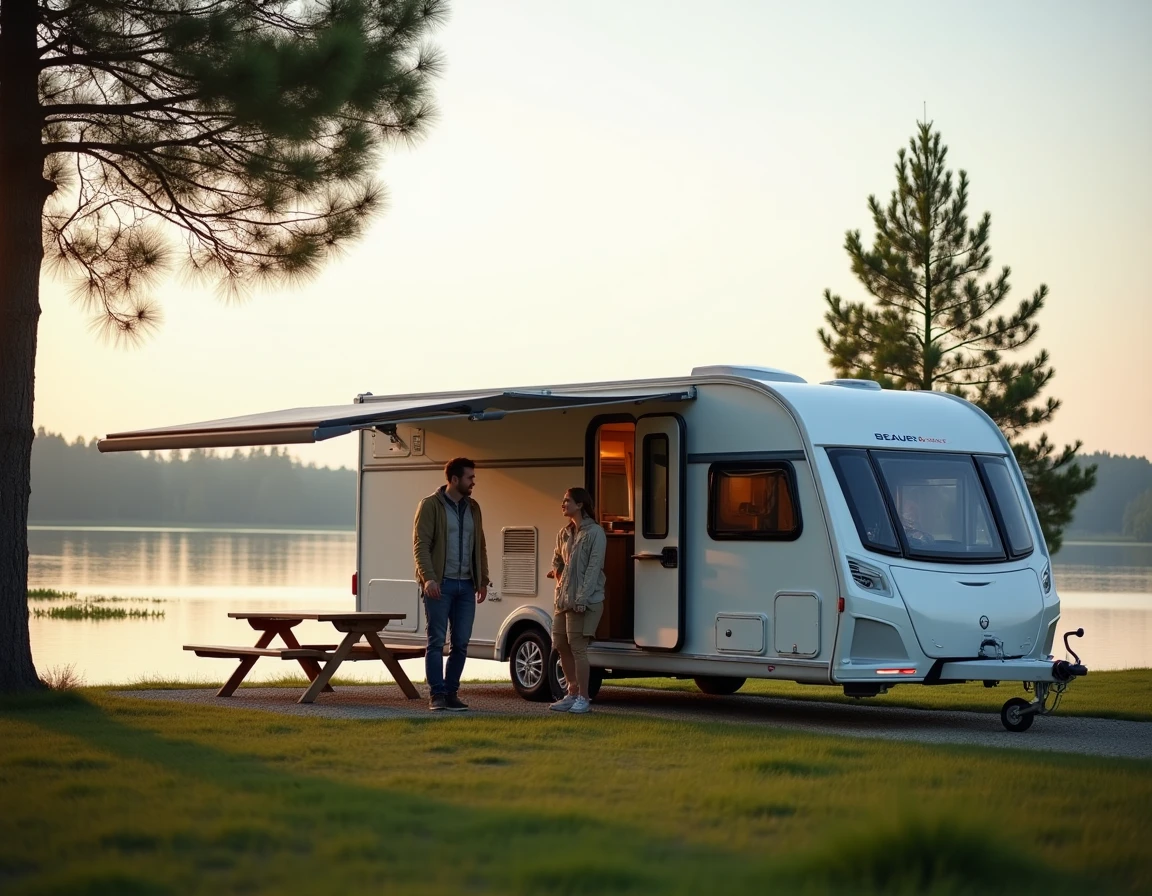 La caravane télescopique Beauer 3X entièrement déployée au bord d'un lac, montrant ses sections extensibles qui triplent le volume habitable par rapport au format routier