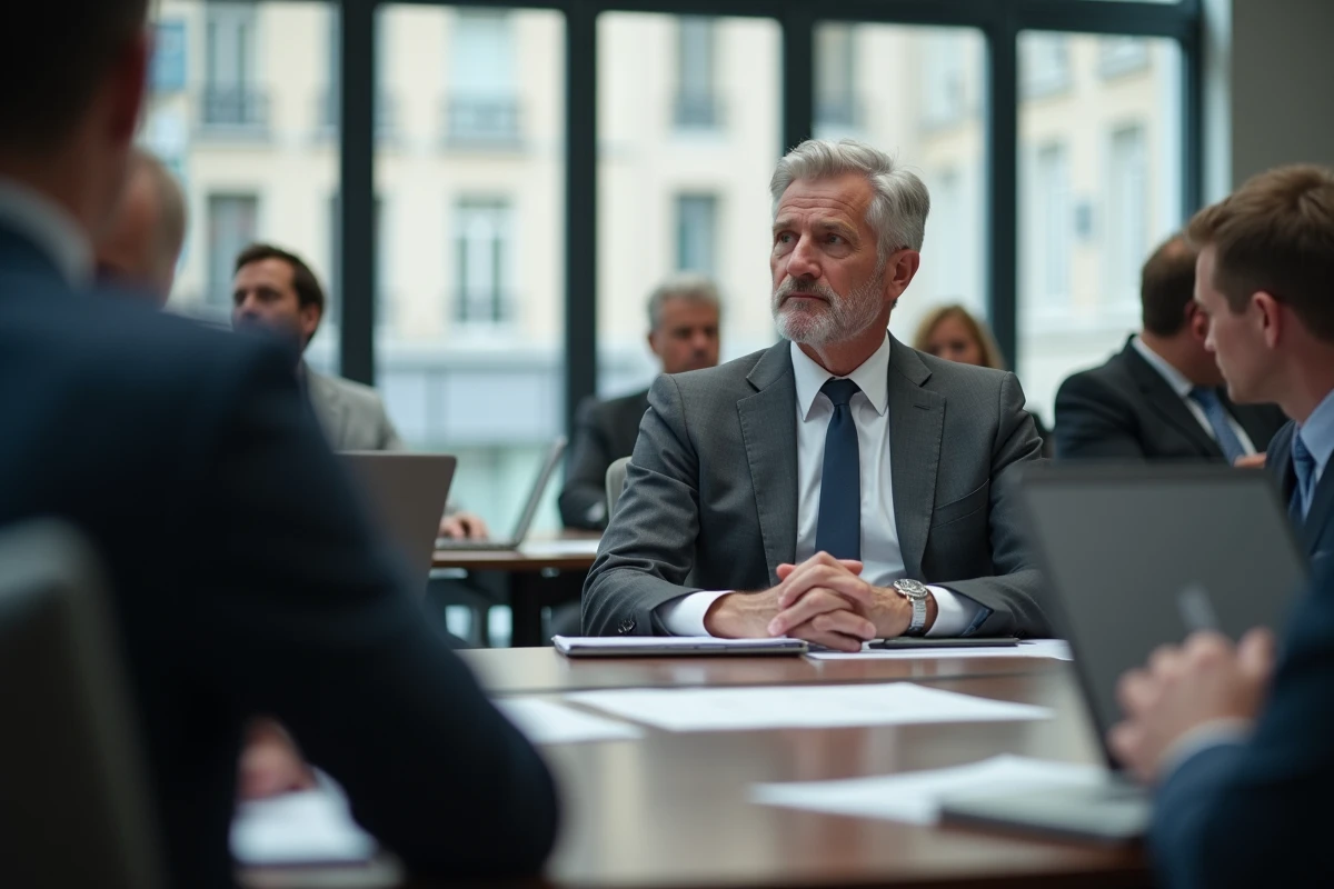 Cadre dirigeant en réunion stratégique dans une salle de conseil d'administration d'entreprise française