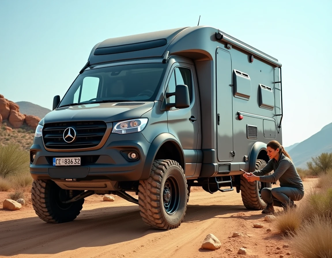 La caravane modulable Carapate Aventure garée sur une piste en terre battue, avec ses pneus tout-terrain et ses compartiments de rangement renforcés visibles