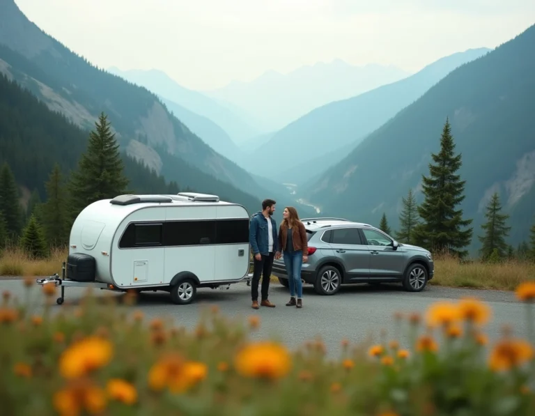 Un couple debout à côté d'une caravane compacte 2 places accrochée à un SUV, garée sur une route de montagne pittoresque entourée de forêts de pins