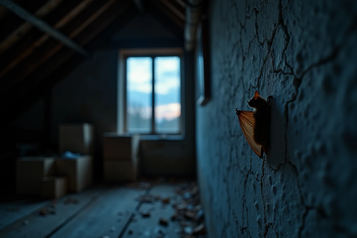 Silhouette d'une chauve-souris dans un grenier près d'une fenêtre ouverte, évoquant les superstitions et présages liés à leur présence dans les maisons