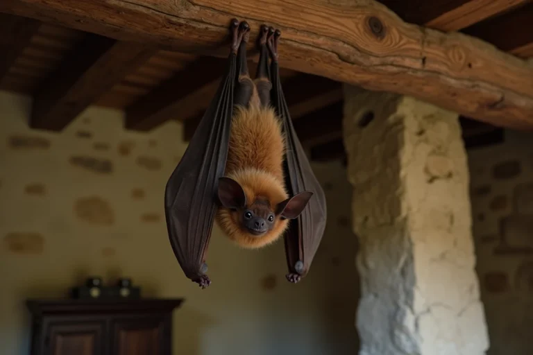 Chauve-souris perchée sur une poutre en bois à l'intérieur d'une vieille maison en pierre, symbolisant les croyances et superstitions populaires