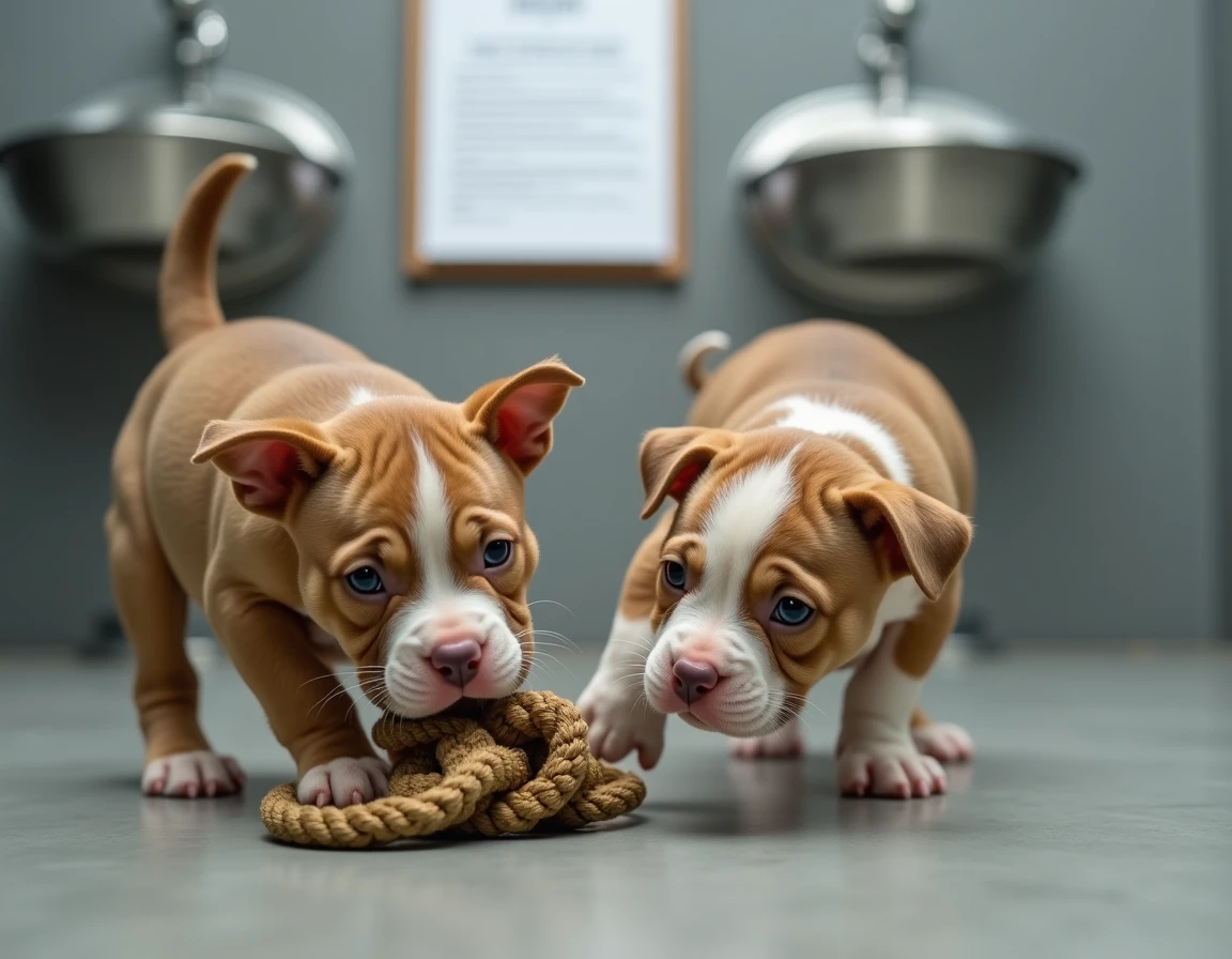 Deux chiots Pocket American Bully fauve et blanc jouant dans un élevage propre et certifié