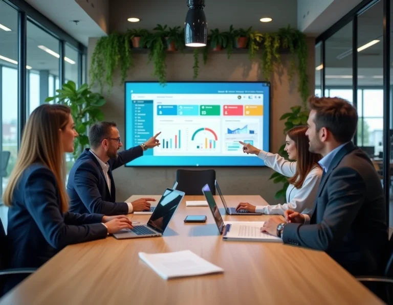 Équipe de professionnels collaborant autour d'une table de réunion moderne avec des outils numériques et un tableau de bord de gestion de projet affiché sur grand écran