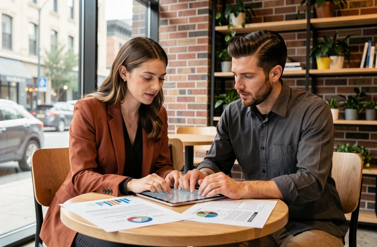 Deux professionnels collaborant sur une stratégie de planification média autour d'une table dans un espace de coworking