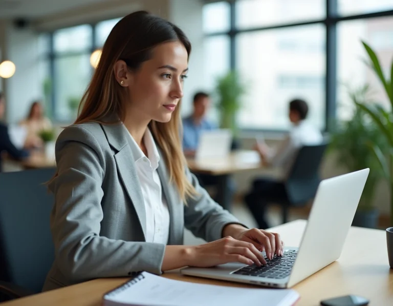 Femme professionnelle sécurisant sa connexion au portail Arena Amiens sur un ordinateur portable dans un bureau moderne