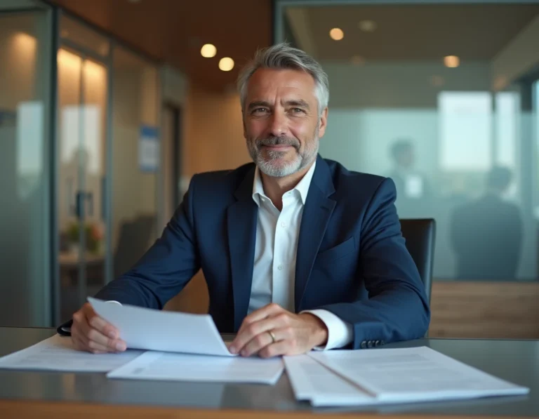 Conseiller bancaire dans une agence française examinant des documents liés au code banque 30003 du Crédit Agricole