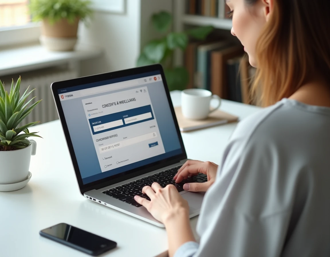 Femme consultant son espace bancaire en ligne pour identifier le code banque 30003 sur son RIB