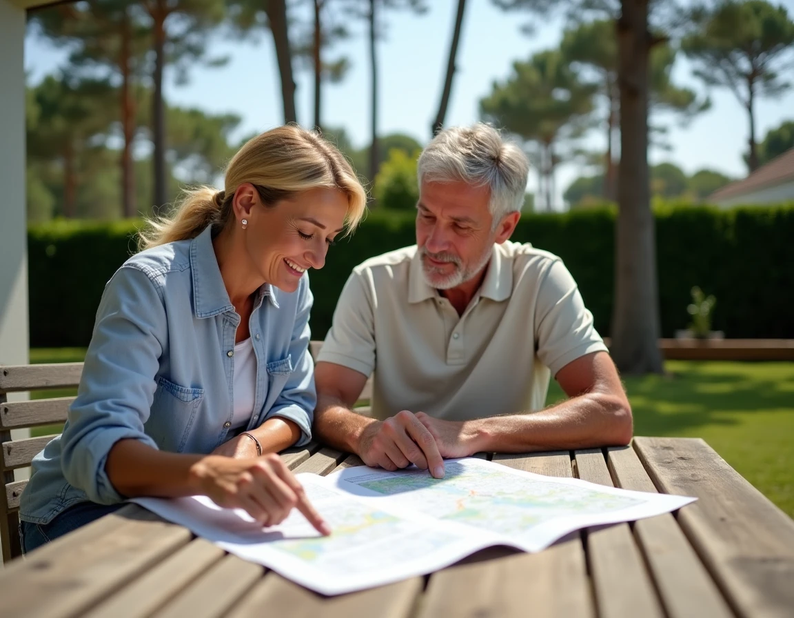 Couple examinant les documents d'achat d'une parcelle avec mobil-home en Vendée