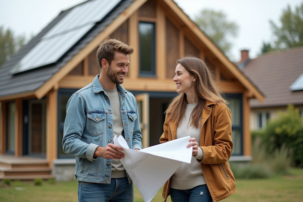 Jeune couple architectes devant maison écologique en construction