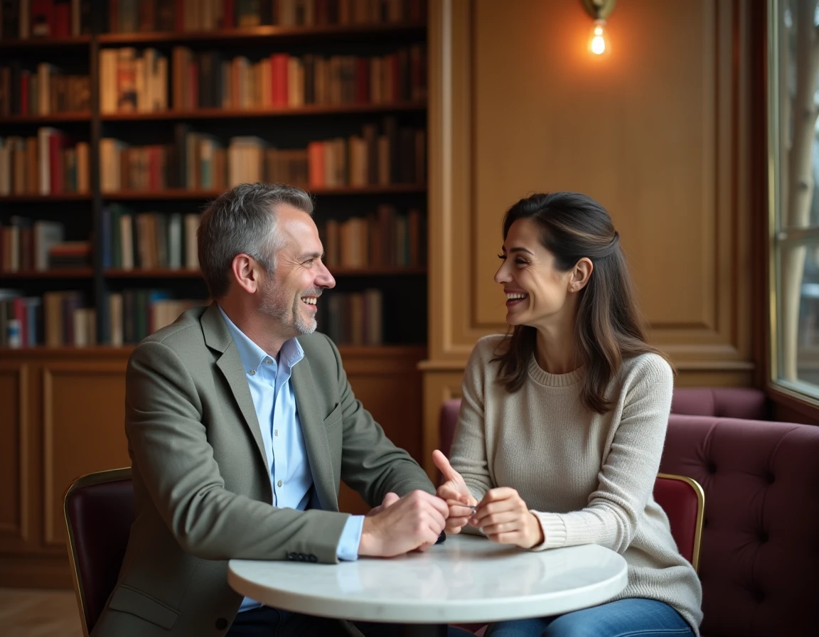 Couple partageant un moment complice dans un café parisien, évoquant la vie privée et sentimentale d'un artiste lyrique célèbre