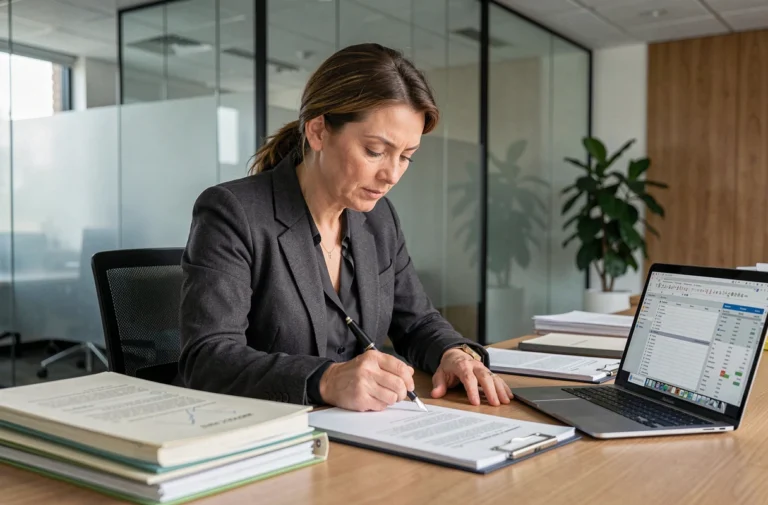 Une avocate d'entreprise examine des documents juridiques dans un bureau moderne, illustrant les démarches légales d'une société