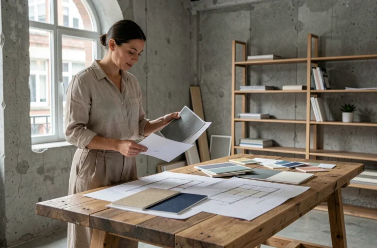 Designer d'intérieur féminine examinant des échantillons de matériaux et des esquisses architecturales dans un appartement en cours de rénovation sur mesure
