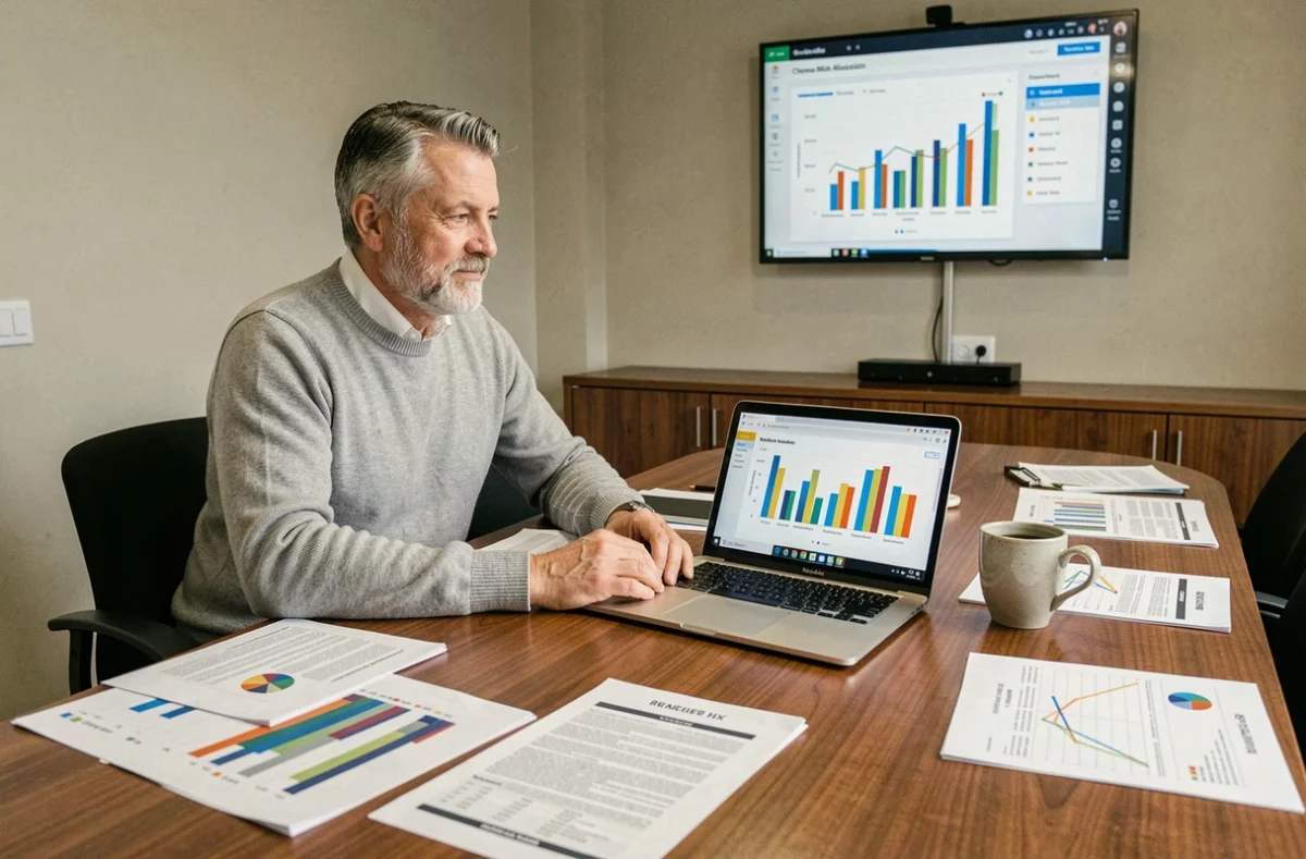 Directeur marketing examinant des rapports de planification média et des analyses de performance autour d'une table de réunion