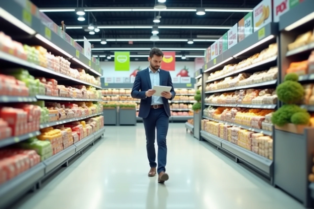 Dirigeant de supermarché coopératif inspectant les rayons d'un hypermarché Système U