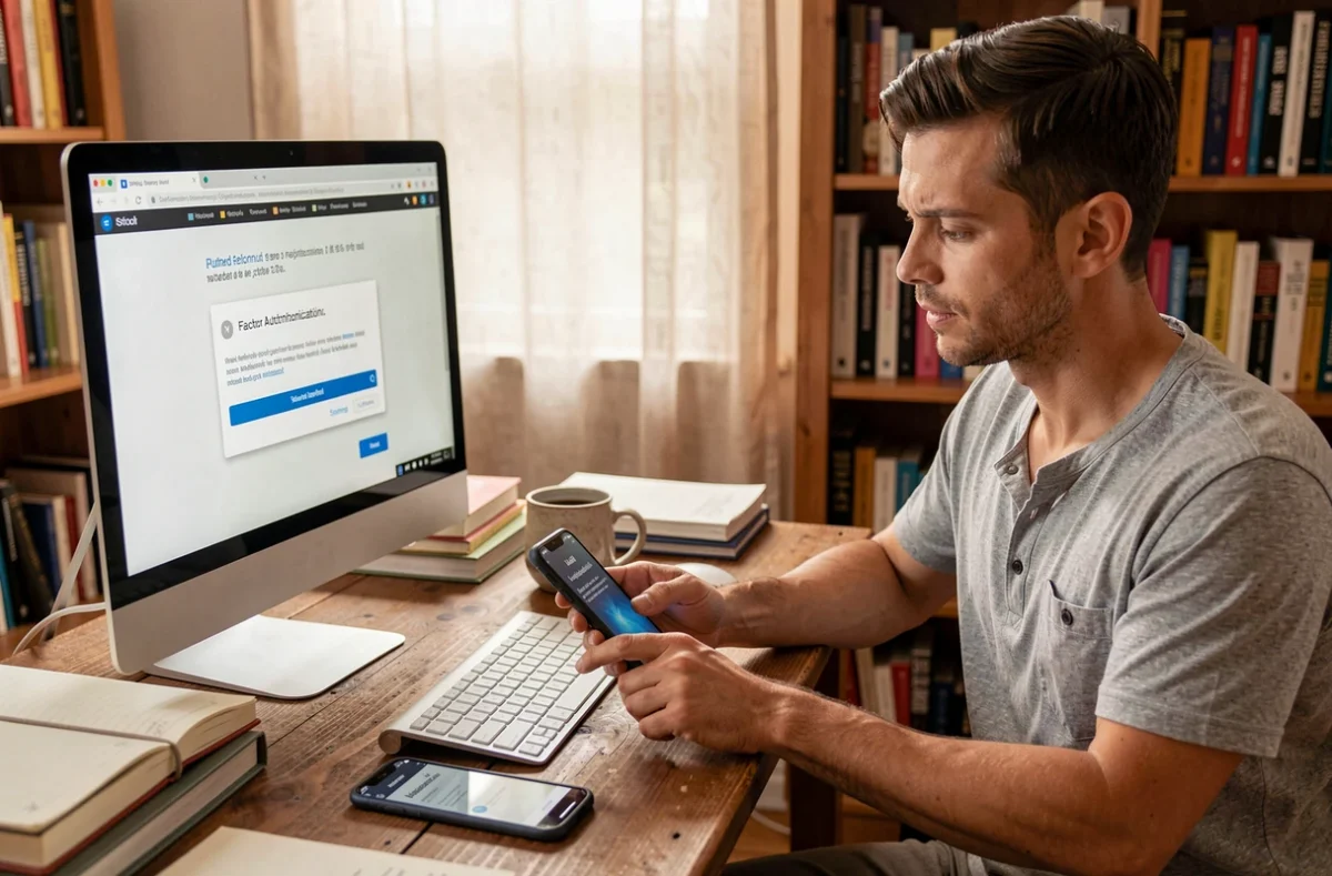Homme utilisant l'authentification à deux facteurs pour sécuriser son accès webmail depuis un bureau à domicile
