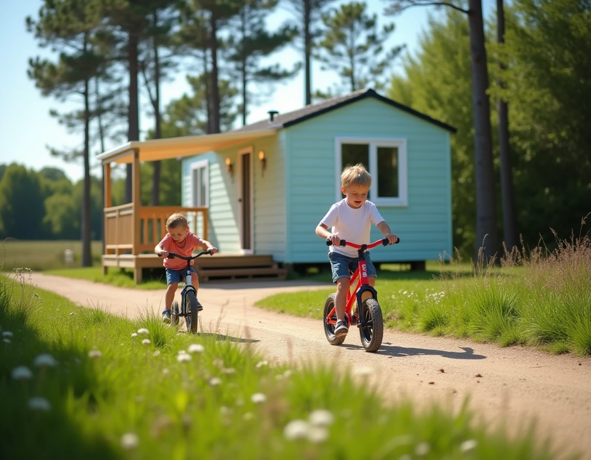 Enfants jouant devant un mobil-home sur une parcelle en Vendée au milieu de la nature