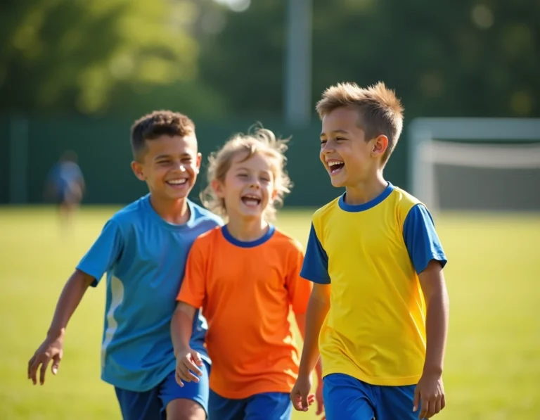 Groupe d'enfants souriants en maillots de sport sur un terrain de football lors d'un stage sportif d'été