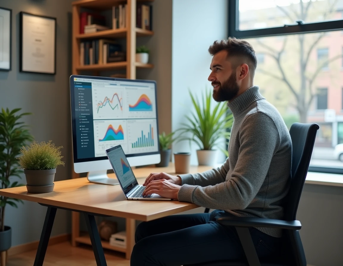 Entrepreneur masculin analysant des tableaux de bord d'affaires sur ordinateur dans un bureau contemporain