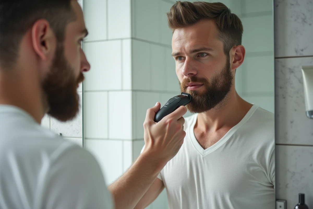 Homme soignant sa barbe en collier avec un trimmer de précision devant un miroir de salle de bain moderne
