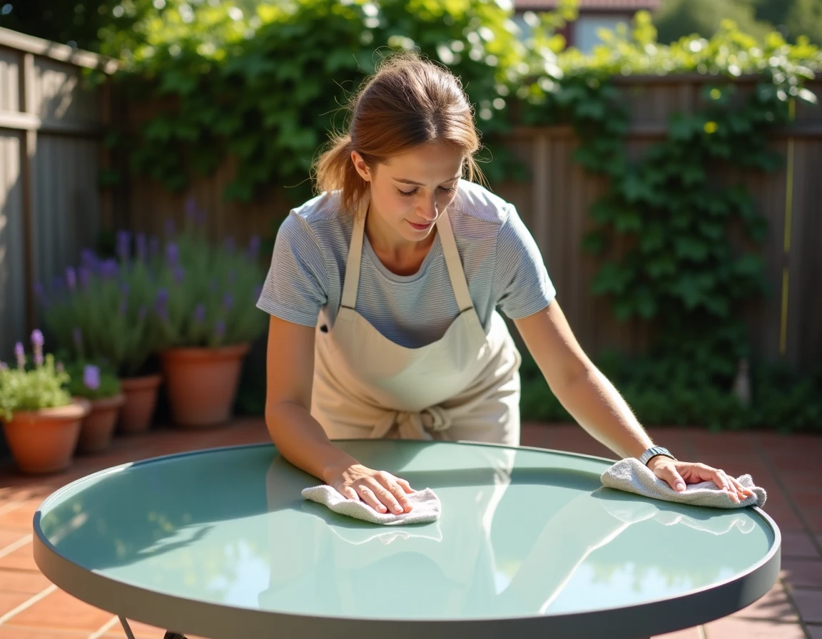 Femme appliquant un produit protecteur sur une table de jardin en verre avec un chiffon microfibre sur une terrasse en carrelage