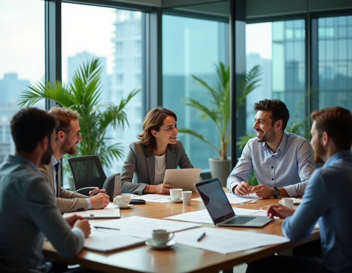 Équipe de professionnels en réunion stratégique autour d'une table de conférence moderne en entreprise