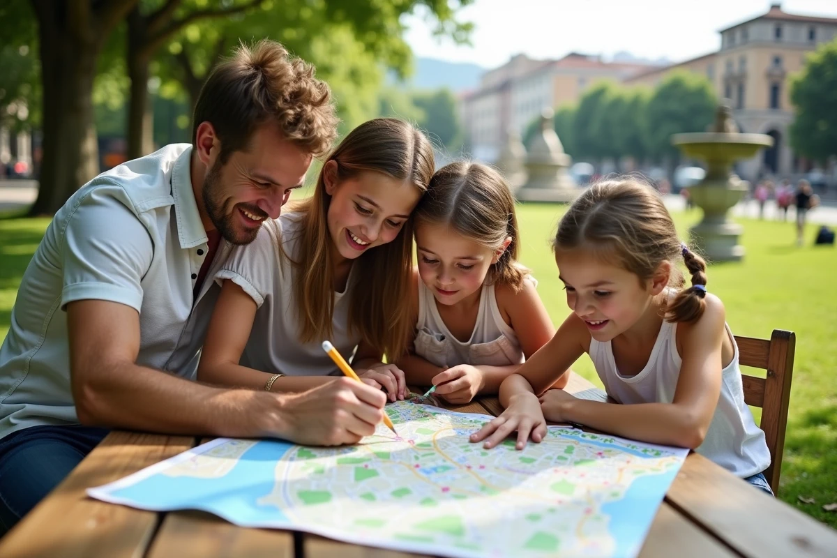 Famille regardant une carte dans un parc ensoleille