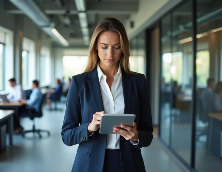 Femme d'affaires en blazer marine consultant une tablette dans un bureau moderne et innovant