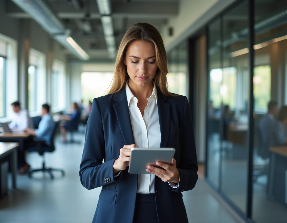 Femme d'affaires en blazer marine consultant une tablette dans un bureau moderne et innovant