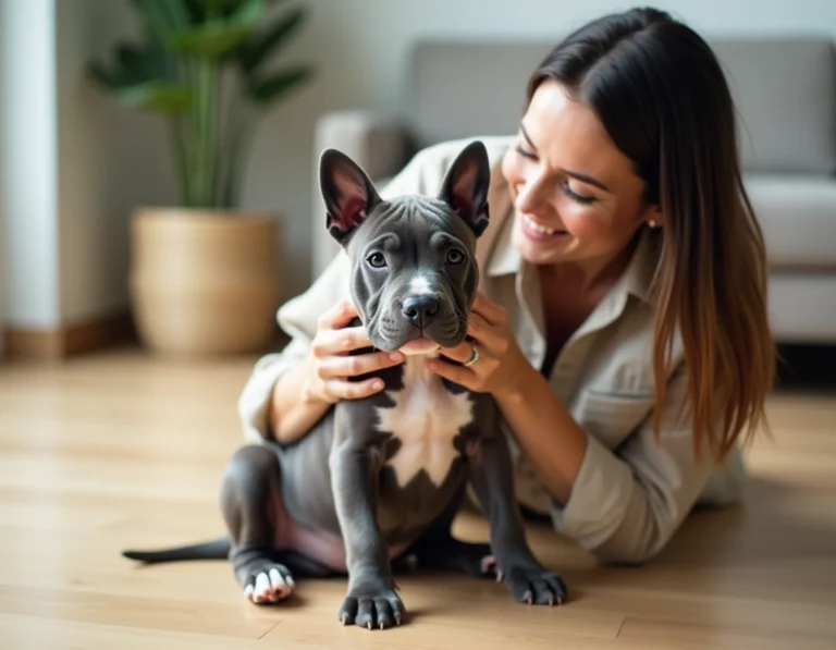 Jeune femme tenant un chiot Pocket American Bully bleu brindle dans un salon moderne et épuré