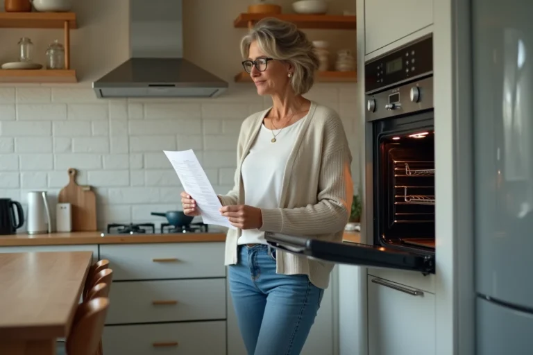 Femme réfléchissant avec contrat de location dans cuisine moderne