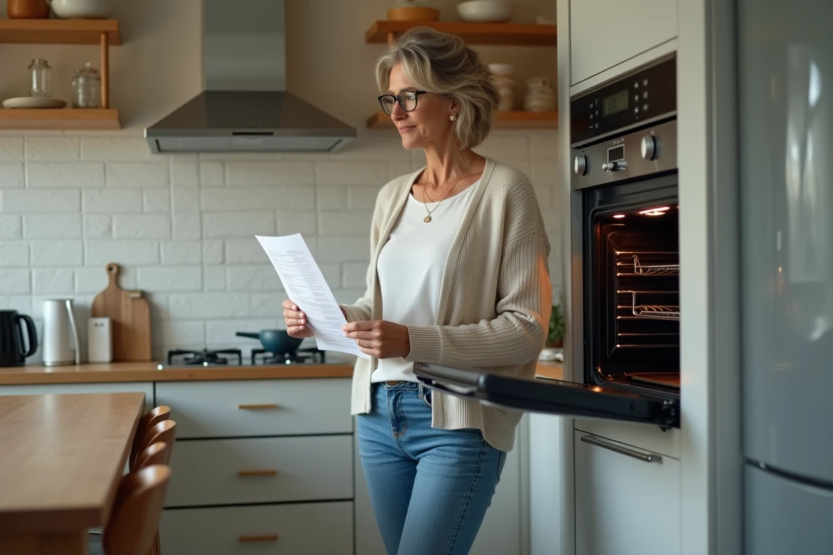 Femme réfléchissant avec contrat de location dans cuisine moderne