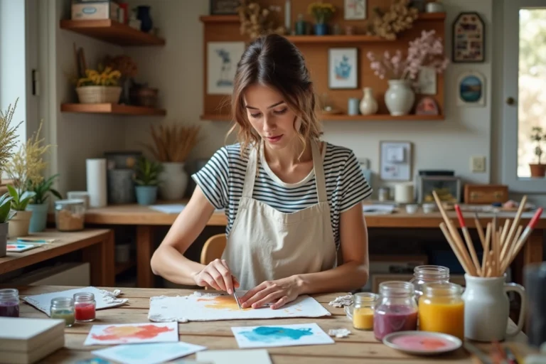 Femme créative travaillant sur des projets DIY avec des aquarelles et du papier dans un atelier artisanal fait maison