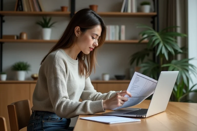 Femme concentrée sur un tableau financier à la maison