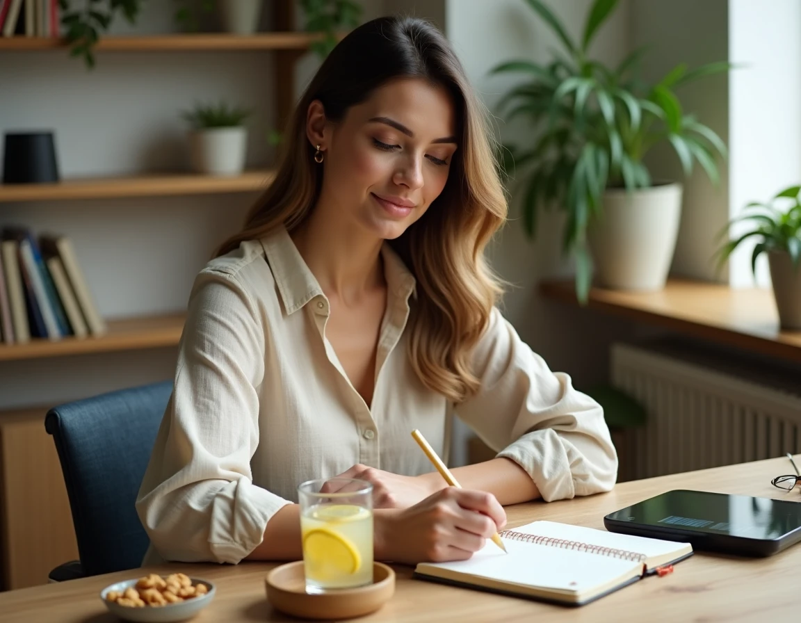 Femme planifiant son régime alimentaire dans un journal de bien-être pour atteindre son objectif de perte de cinq kilos