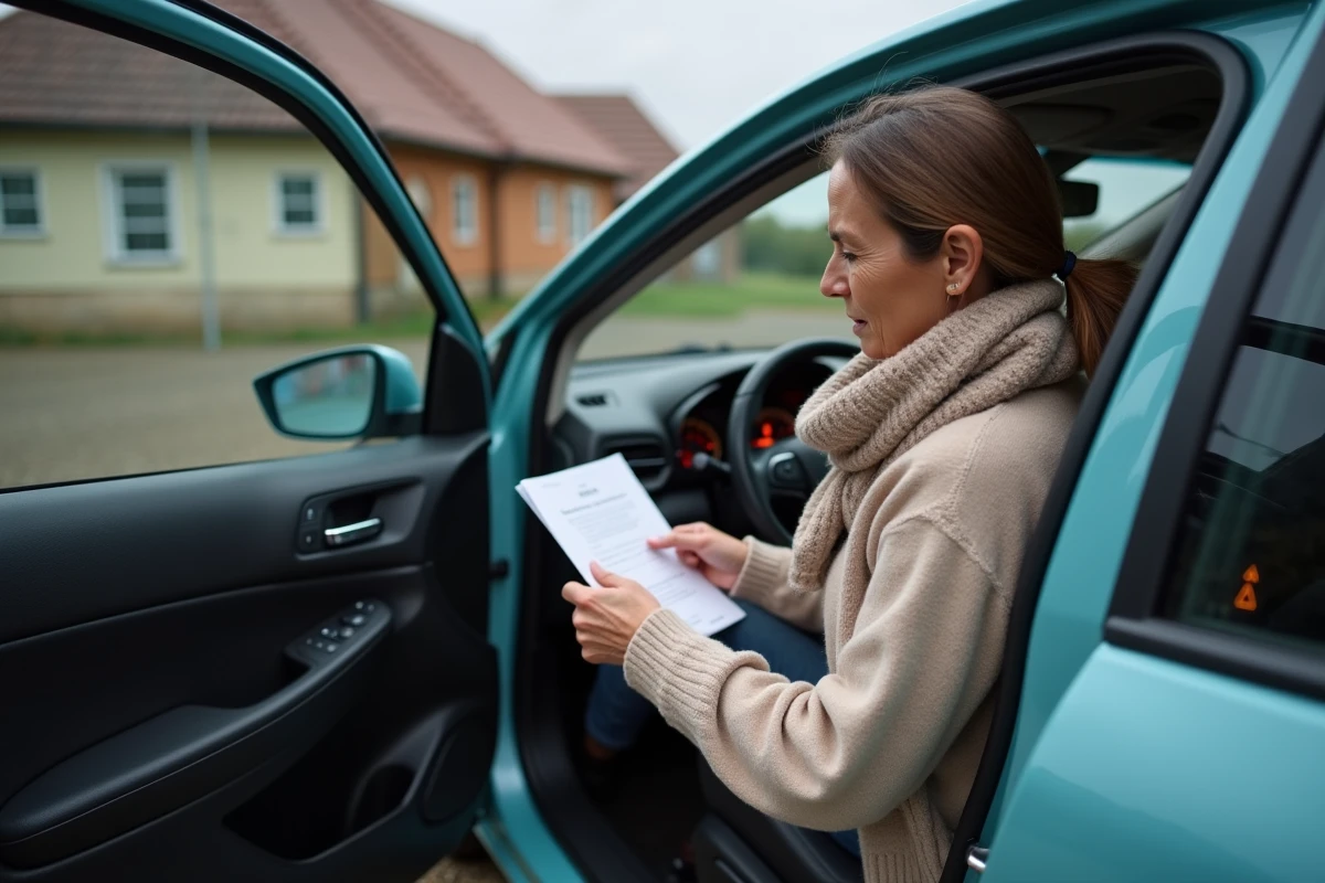 Femme lisant un manuel près de sa voiture avec alerte orange visible