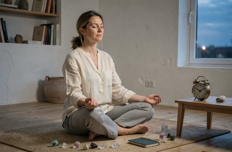 Femme en méditation spirituelle entourée de cristaux et d'une horloge affichant 19h09, ambiance numérologie et éveil intérieur
