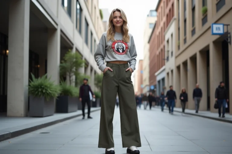 Femme élégante en ville avec pantalon large et sweat