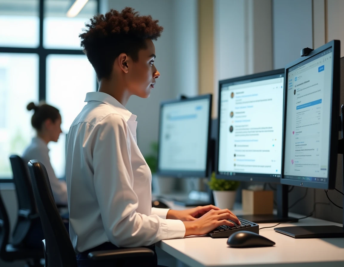 Jeune professionnelle utilisant des outils de communication en ligne et de partage de fichiers dans un espace de coworking moderne