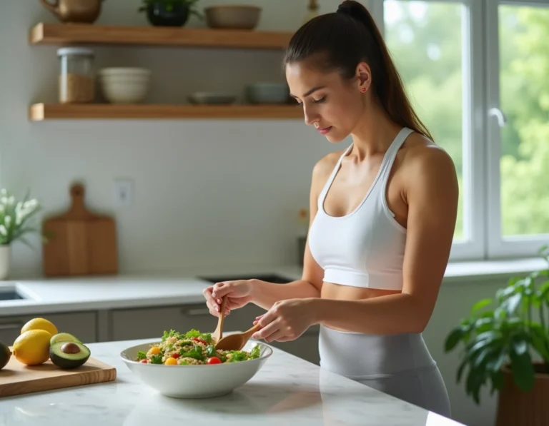 Femme préparant un repas sain et équilibré dans une cuisine moderne pour perdre du poids en deux semaines